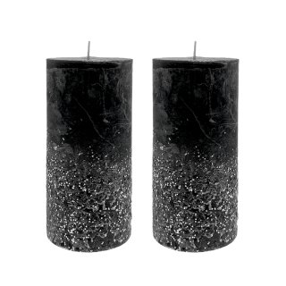 Stumpenkerzen schwarz mit silbernen Glitzer im 2er Set