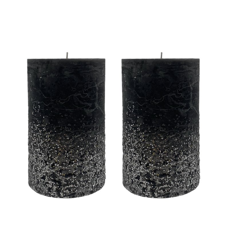 Stumpenkerzen schwarz mit silbernen Glitzer im 2er Set