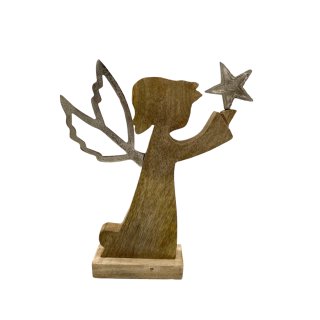 Holzaufsteller Engel mit silbernen Stern und silbernen Flügeln ca. 25 cm