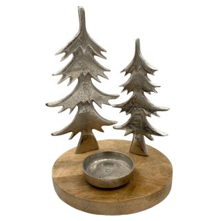 Holz-Deko Teelichthalter Tannenbäume silber