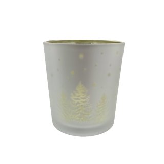 Teelicht-Glas Tannenbaum weiss gold ca. 9 cm
