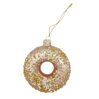 Glas Christbaumschmuck Donut rosa/wei&szlig;/gold glitzer ca. 10 cm