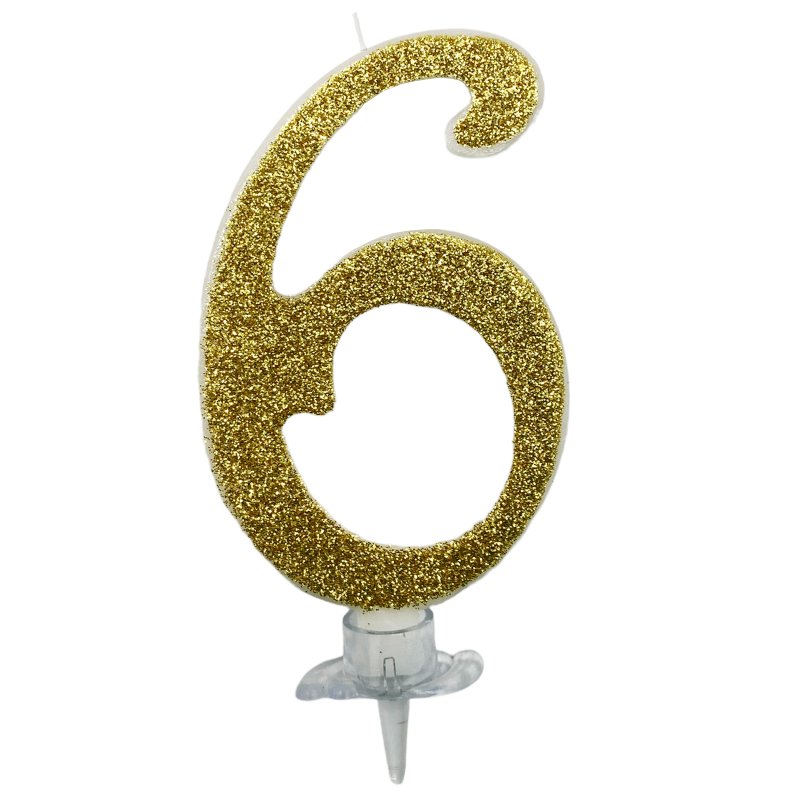Geburtstagskerze Zahl 6 weiß/gold glitzer ca. 10 cm