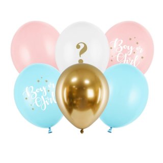 Party Ballons weiß/rosa/hellblau/gold " Boy or Girl " 6 Stück Ø ca. 30 cm