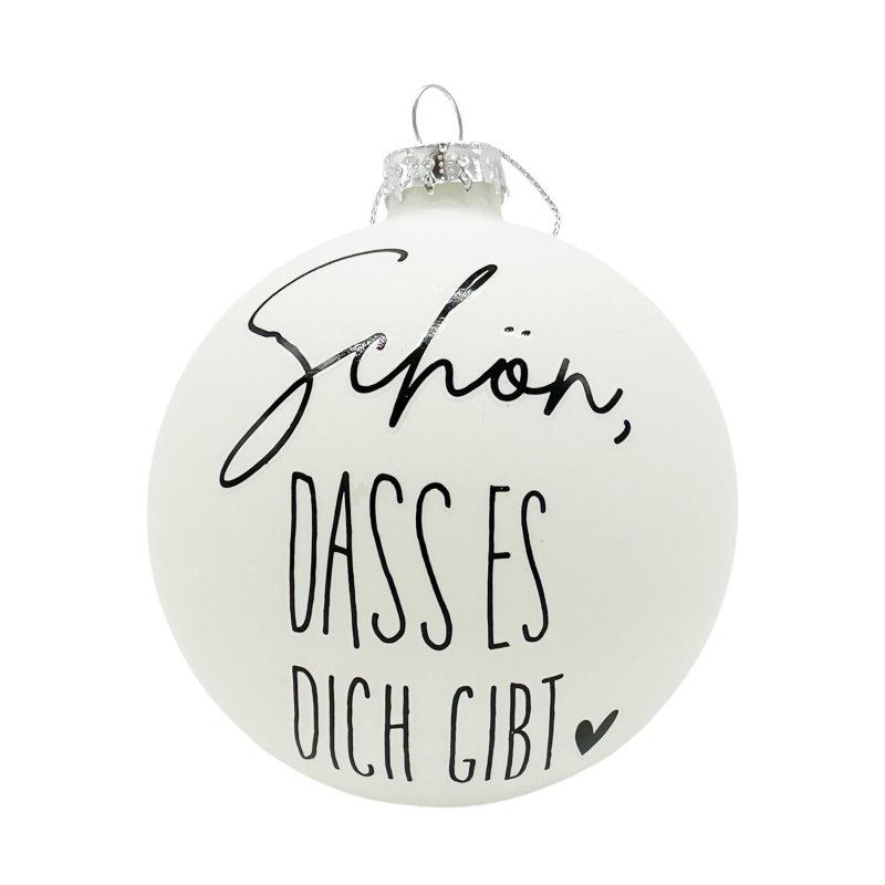 Glas Weihnachtskugel Weiß Schwarz Ø8cm mit Aufschrift