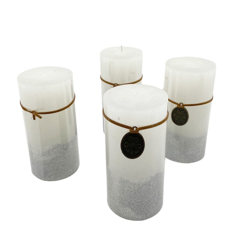 Echtwachs Stumpenkerzen Weiß/Silber Glitzer im 4er Set ca. 1