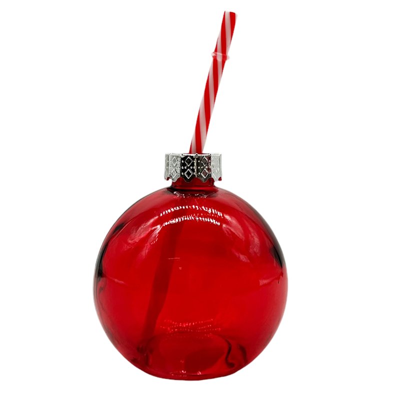 Weihnachtskugel Trinkglas mit Strohhalm Rot/Silber ca. 400 m