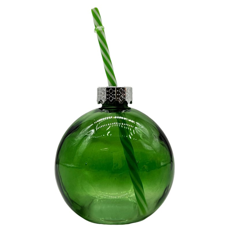 Weihnachtskugel Trinkglas mit Strohhalm Grün/Silber ca. 400
