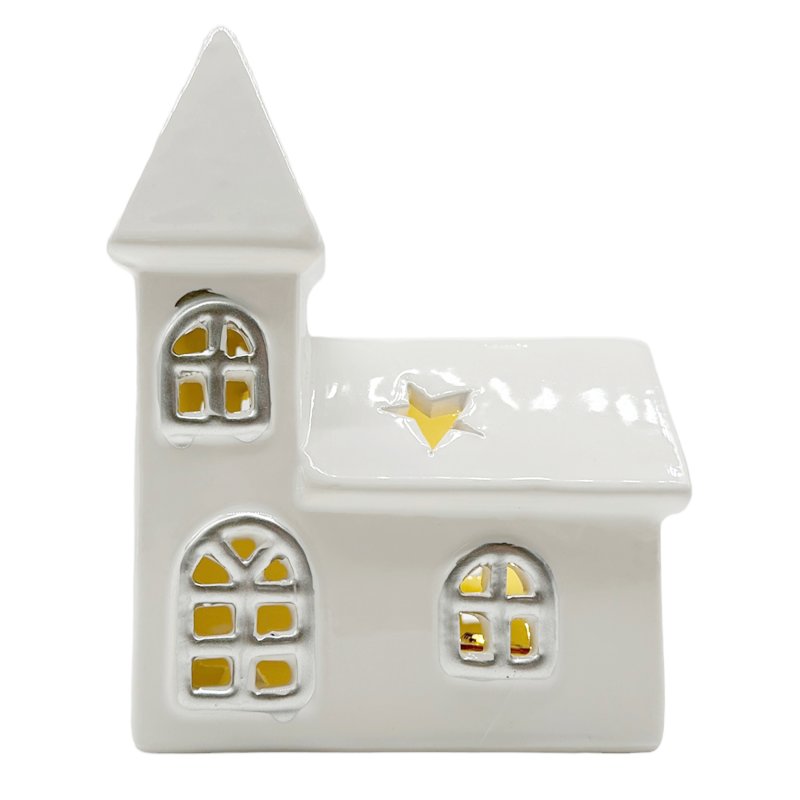 LED Keramik-Haus Kirche Weiß ca. 14 cm