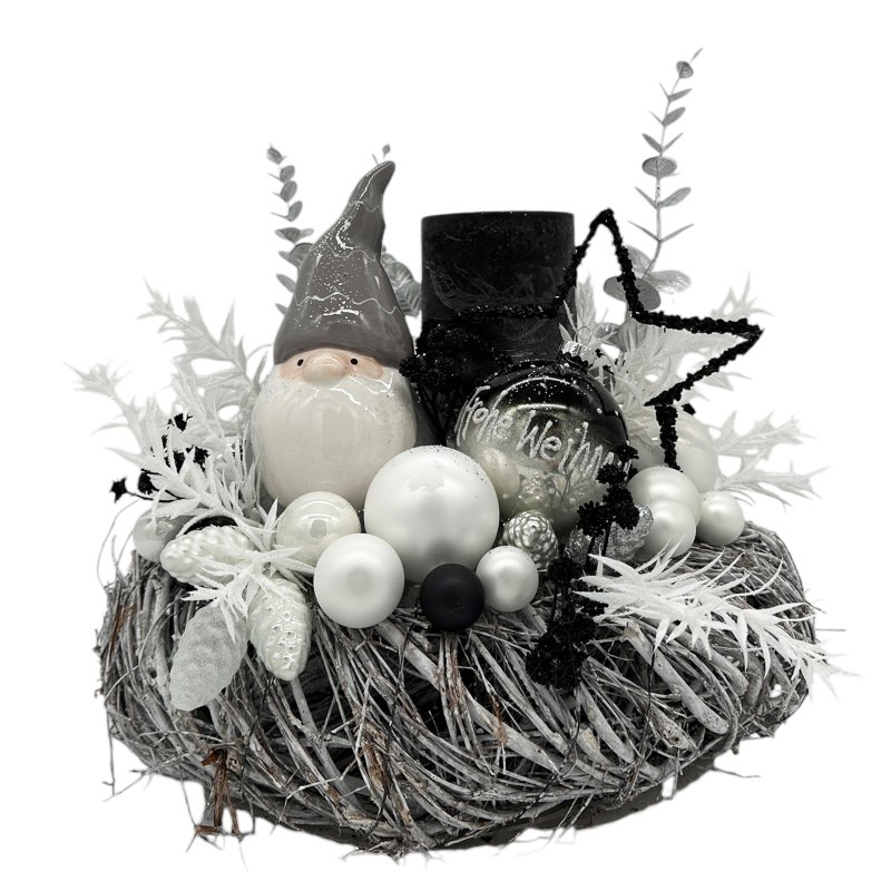Extravaganter Adventskranz mit 1 Stumpenkerze Schwarz/Weiß/S