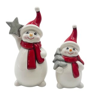 Keramik Schneemänner im 2er Set in 2 Größen Weiß/Rot