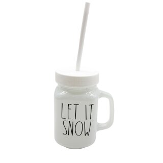 Weihnachtliches Trinkglas mit Strohhalm " LET IT SNOW " Weiß 450 ml
