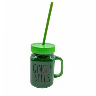 Weihnachtliches Trinkglas mit Strohhalm " GINGLE BELLS " Grün 450 ml